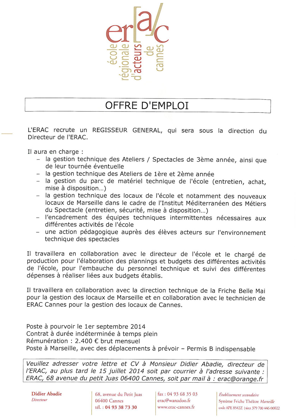 Offre d emploi regisseur general cinema